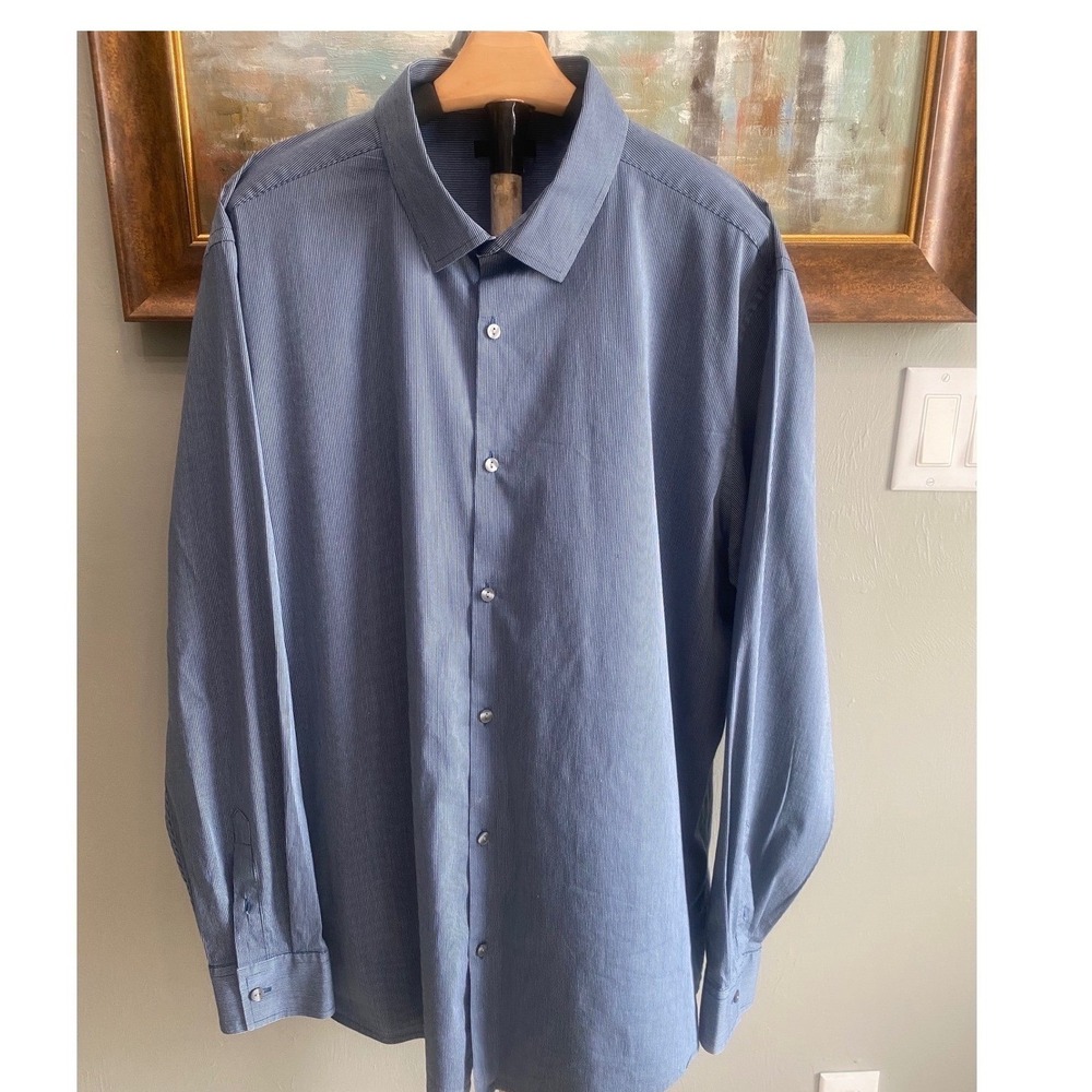 Alfani Mens XXL Blue Pinstripe Long Sleeve Button Down Dress Shirt Cotton Blend